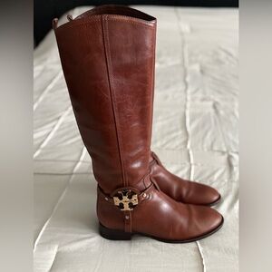 Tory Burch Brown Leather Logo Riding Boots 8M
